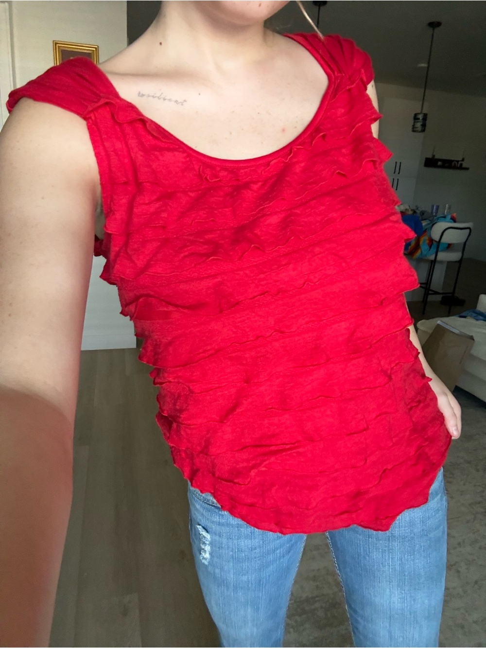 AB Studio Red Ruffle Sleeveless Scoop Neck Top